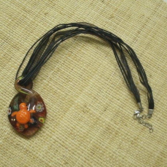 Murano Glass Turtle & Flowers Pendant Necklace - Picture 2 of 16